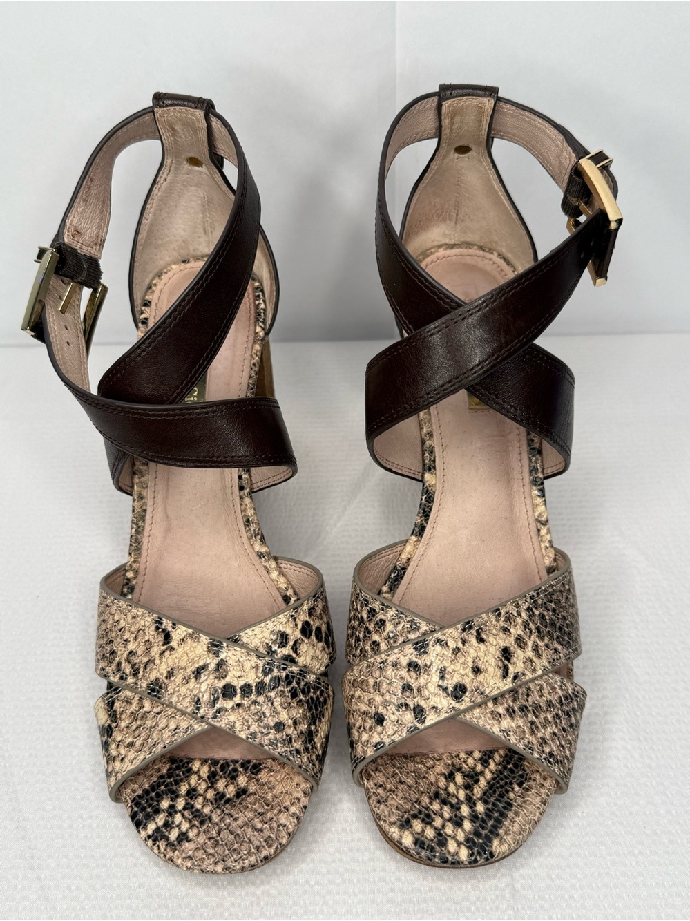 Louise et Cie Brown and Snake-Print Crisscross High Heeled Sandals